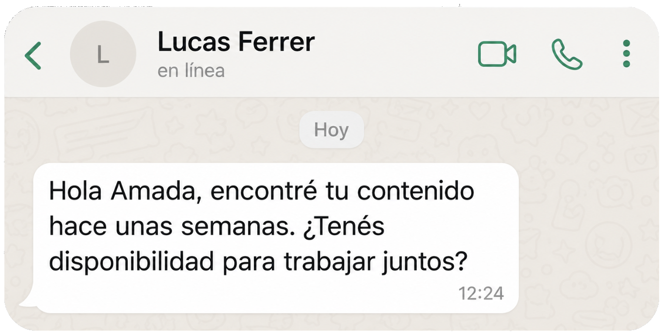 Captura de un mensaje de WhatsApp de Lucas Ferrer: Hola Amada, encontré tu contenido hace unas semanas. ¿Tenés disponibilidad para trabajar juntos?